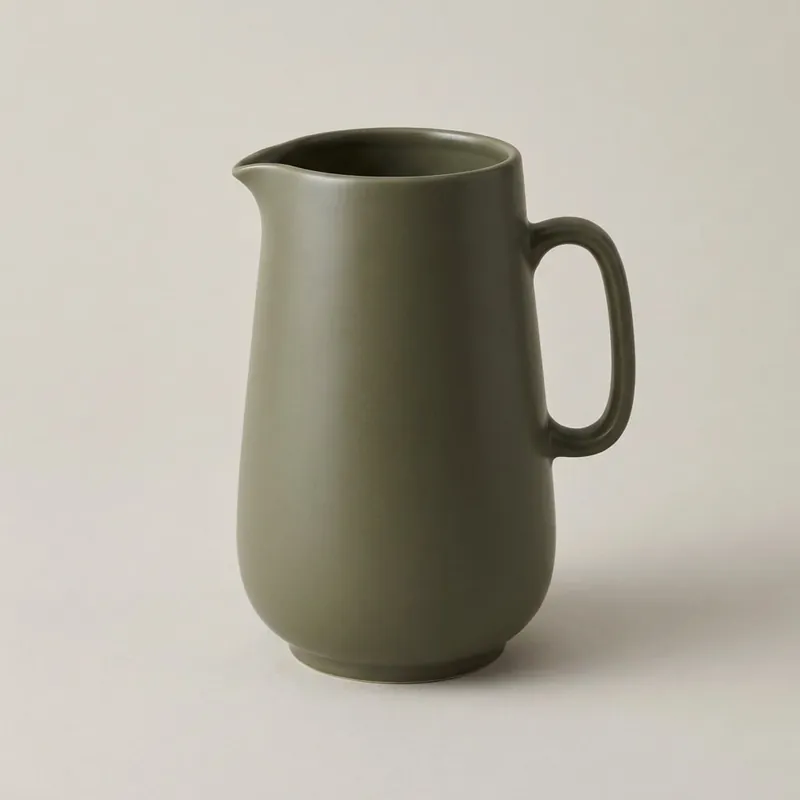 Concept ceramic table jug in a muted green, with a curved handle and small pouring lip.