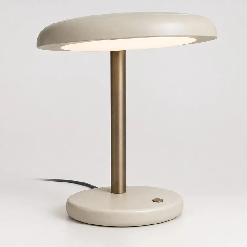 Concept desk lamp with a pale rounded shade and base, joined by a slender bronze-coloured stem.