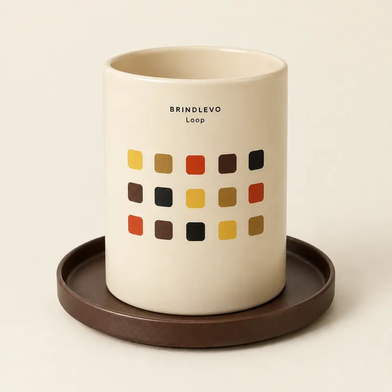 Concept BRINDLEVO Loop: an empty cream ceramic crock with three rows of colourful squares on a bronze-brown tray.