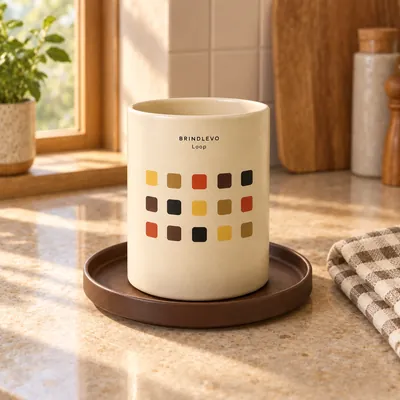 Concept BRINDLEVO Loop crock on a kitchen counter beside a checked cloth, in afternoon light.