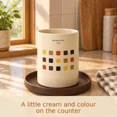 Concept square Instagram post of BRINDLEVO Loop, with red words A little cream and colour on the counter on a cream band.