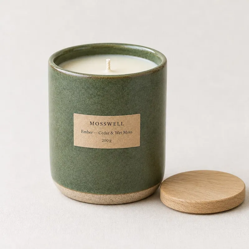 Concept MOSSWELL Ember candle: a moss-green stoneware vessel with a flat light-oak lid beside it.