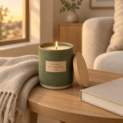 Concept MOSSWELL Ember on an oak side table in warm window light.