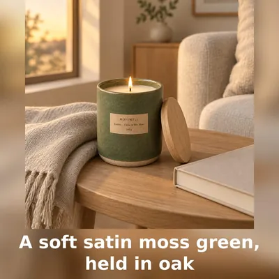Concept square Instagram post of MOSSWELL Ember, with the words A soft satin moss green, held in oak.