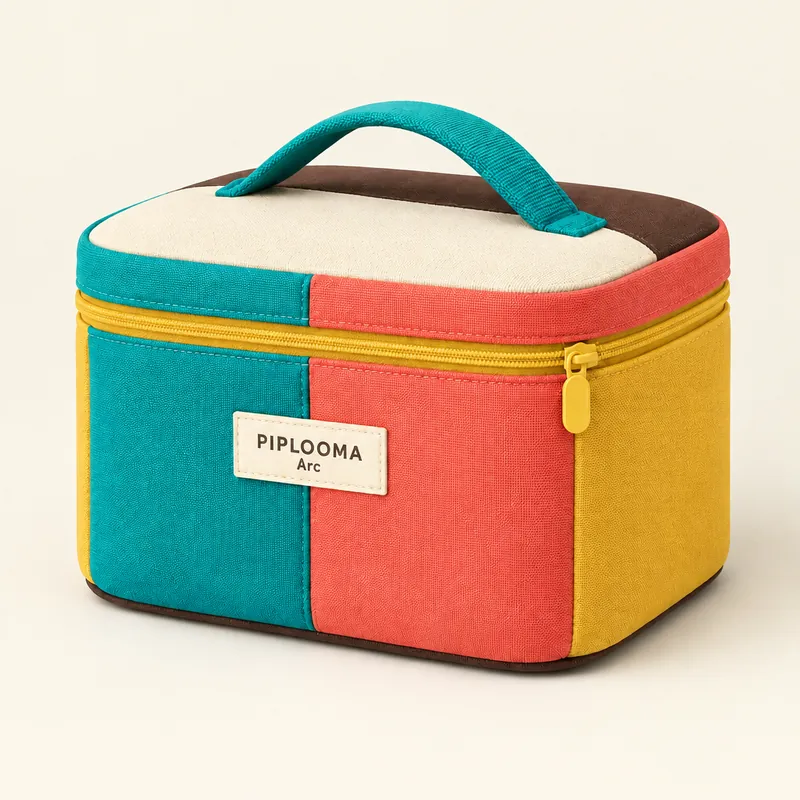 Concept PIPLOOMA Arc vanity case in colour-blocked teal, coral and mustard with a cream lid and teal handle.