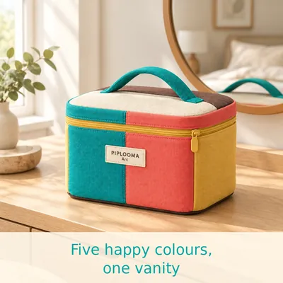 Concept square Instagram post of PIPLOOMA Arc, with teal words Five happy colours, one vanity on a cream band.
